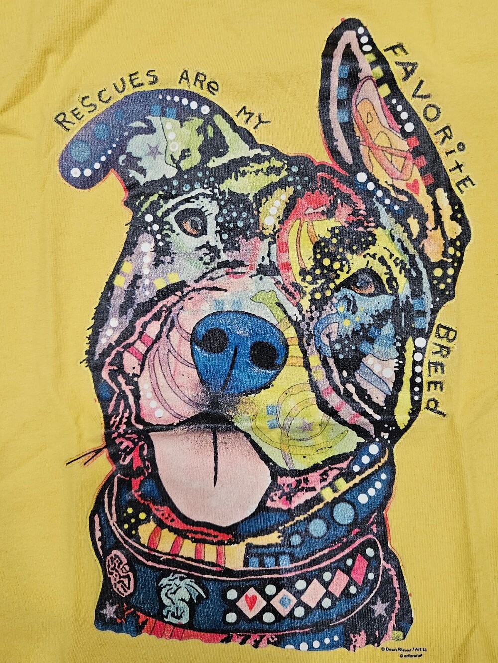 Dean Russo Rescues Are My Favorite Pit Bull Dog Pop Art Yellow Shirt M 2015